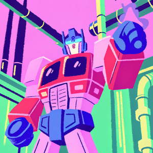 Render of Optimus Prime, in a high-tech factory. Dynamic pose with intricate blue, brown, and metallic hues. Surrounded by industrial machinery and dark pipes.