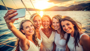 Happy friends taking selfie on yacht. Young women enjoy travel, vacation, travel on boat yacht sailing in sea, ocean at sunset on summer