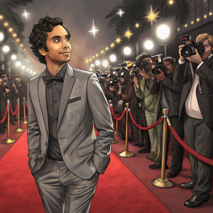 Kunal Nayyar, actor, in a stylish gray suit, standing on a bustling red carpet. Multiple cameras and paparazzi around.