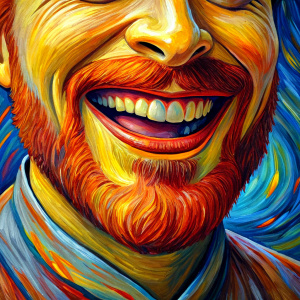 smiling, lips, teeth, Van Gogh-inspired, swirling, vibrant, impressionist, brush strokes, textured, expressive, bold, captivating, artistic, masterpiece, emotional, dynamic, lively, detailed