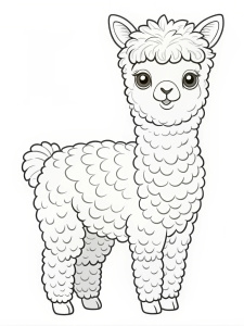 Coloring page, Happy baby alpaca with fluffy fur sitting, white background, black line art