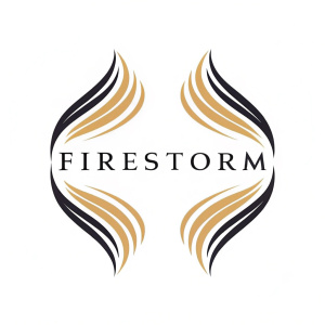 Minimalist logo design for 'FIRESTORM'. Symmetrical abstract shapes with a sleek, modern font. White background.