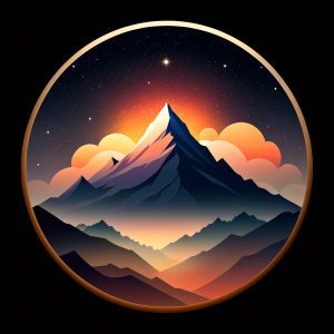 an image of a circular logo with a minimalist classic style, The logo should be easily recognizable. The circular midsection is mountain Yushan Main Peak describe by a mountain silhouette, The circular top should depict a dark night sky filled with stars, shrouded in darkness, the circular bottom in cloud mist,  The viewing perspective is directed from a nearby highland