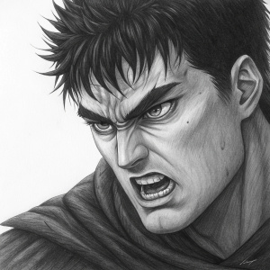 A detailed charcoal drawing of Guts from Berserk. His face is contorted in anger, with sharp lines and shadows emphasizing his fierce expression. Focus on upper face.