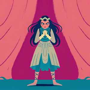 Digital artwork featuring Filia Aeriel Williams. She stands with a fierce expression, dark hair flowing with an intricate accessory. Her intense red eyes and determined posture make a powerful statement. Clad in a layered top and flowing skirt, set against a gradient purple background. Dramatic lighting and color contrast enhance the striking image.