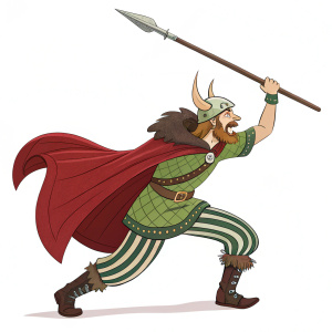 A fierce Gaul warrior mid-jump, spear raised high. Green tunic, red cape flaring, striped pants, helmet with V-shaped horns. Intense look