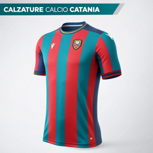 Digital artwork showcasing the new soccer jersey from Calzature Calcio Catania. The jersey features vibrant vertical stripes in red, teal, and blue, with the team logo prominently displayed. Modern and sleek design. Focus on the product's branding and clean contemporary look.