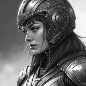 Close-up of a sci-fi heroine. Wears sleek metallic armor. Intricate design and shading. Grayscale illustration. Long sleek hair with bangs.