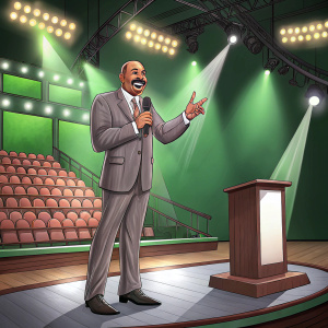 Steve Harvey hosting a game show. Stage with green screen background.