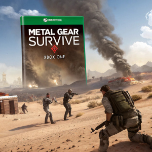 Cover art for Metal Gear Survive. Desert setting with soldiers in combat gear. Explosions and smoke. Xbox One logo prominently displayed.