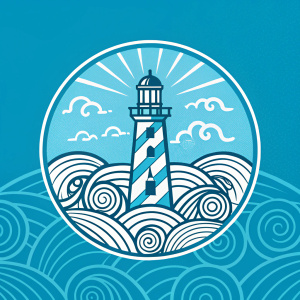 Manara Coffee logo redesign. New look features a stylized lighthouse in the center of a circular frame. Background is vibrant blue, mimicking the ocean. Wave-like patterns surround the lighthouse, giving a sense of movement and tranquility.