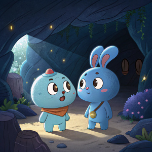 Illustration from the animated series 'Kikoriki: DejaVu'. Two soft, blue cartoon characters in a cave. Dimly lit, vibrant colors, focus on characters