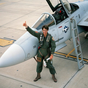 Tom Cruise, intense expression, standing in front of F-14 Tomcat cockpit. Flight suit, rugged boots, thumbs up gesture. Aerial shot
