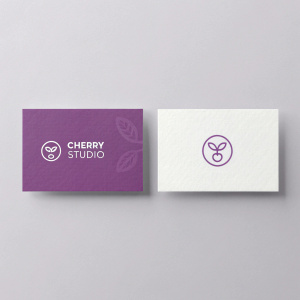 Visual design showcase of Cherry Studio. Purple card features brand name, left side. Clean white card displays stylized logo and contact info. Set against a soft grey backdrop