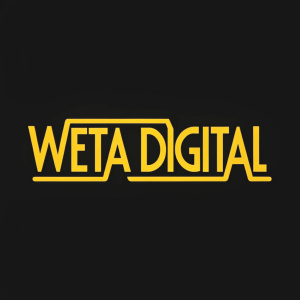 Bold and modern logo design. Company name Weta Digital in sleek yellow font on black background