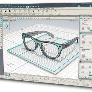 Screenshot of Autodesk Maya workspace. 3D model of glasses centered. Toolbars and menus visible. Flat design of glasses on left. Grid below.