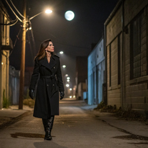 Sandra Bullock walking down a deserted alley at night. Wearing black trench coat and leather gloves. The only light source is the moon.