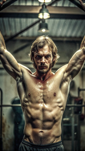 jeffrey dahmer, arms up, shirtless and sweaty, handsome, gym