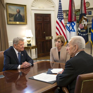 Formal meeting between Joachim Gauck, Daniela Schadt, and Shimon Peres at the White House.