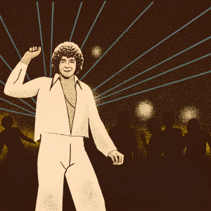 David Hasselhoff, with his iconic curly hair, attending a neon-lit nightclub. Dressed in casual attire, surrounded by blurred partygoers.