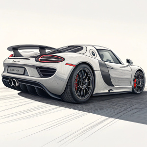 Illustration of a sleek Porsche 918 Spyder. Side profile view, emphasizing aerodynamic features. Distinctive tail lights and design element at rear fender highlighted.