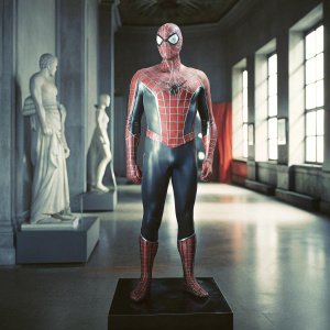 Spider-Man's symbiote statue, intricate design, heroic pose, dark and sleek base, vibrant red and black colors, exhibition hall backdrop