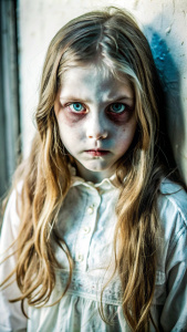 La figura fantasmal de la niña emerge lentamente de las sombras. Su rostro está pálido, sus ojos están vacíos y su expresión está torcida por la ira y el dolor. 