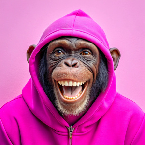 laughing chimpanzee with a hoodie