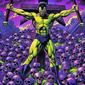 generate cinematic image of Wolverine crucified on X-Cross with a hellish background and a pile of skulls below him