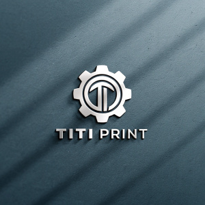 Modern logo for TITI PRINT. A sleek, white, abstract symbol resembling a gear or machinery part. Dark gray background with subtle texture. Sans-serif font in neutral color.