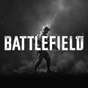 Digital art of the 'Battlefield 1' logo on a black background. The word 'BATTLEFIELD' in large, stylized, distressed font. Text is stark white. Monochromatic design with high contrast. Dramatic and bold aesthetic.