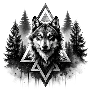 valknut runes pattern geometric symbols - wolf and trees - tattoo design - perfect realistic art - high-definition - grey and black - white background 