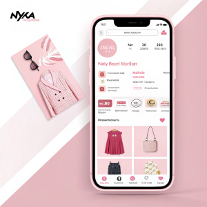 Screenshot of Nykaa Fashion mobile app interface. Sleek design with pink and white theme. Fashion items like clothes and accessories displayed attractively. Pricing, promotions clearly shown. Easy navigation layout. Pink and white background.