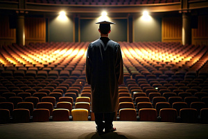 the back of a young man in his graduation, in front of an empty theater, in a medium frame shot