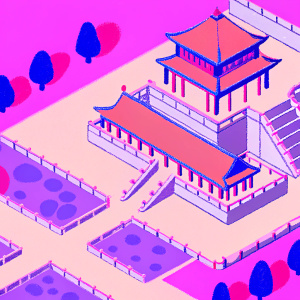 Digital 3D model showcasing the ancient Chinese architecture from the game 'Three Kingdoms'. Detailed layout with brown and gray structures, blue accents, intricate courtyards, pathways, and buildings creating a complex network.
