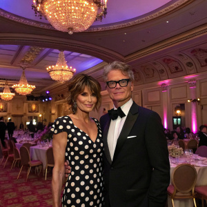 Lisa Rinna and Harry Hamlin at a gala event for the Children's AIDS Foundation. Lisa in a polka-dot dress, Harry in a tuxedo. Lavish ballroom setting with chandeliers.
