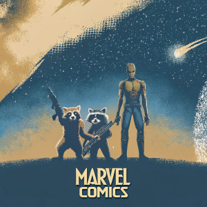 A vibrant comic panel featuring Rocket Raccoon, Groot, Star-Lord, Drax, Gamora, and Mantis from Guardians of the Galaxy. Rich color palette, Marvel Comics logo at bottom, cosmic background