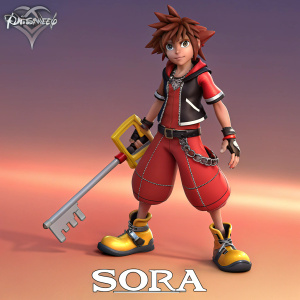 Digital 3D art of Sora, Kingdom Hearts protagonist. Anime style rendering. Bold stance. Red outfit, black vest, yellow shoes. Holding Kingdom Key. Gradient background, warm tones, Disney logo at top