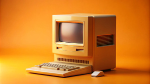 Bringing in elements of retro computing 1980 Macintosh on bright orange background