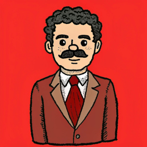 a tall businessman with short dark hair with a curly moustache