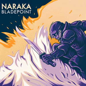 Digital promotional image for video game 'Naraka Bladepoint'. Intense battle scene with character clad in dark armor. Fiery red background, dramatic lighting.