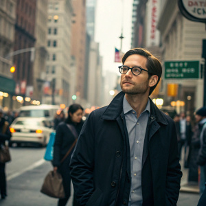 Tobey Maguire walking down a busy street, wearing glasses, a dark jacket, and collared shirt. Crowded urban setting.