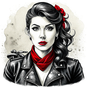 motorcycle bikerlady tattoo design - perfect realistic art - high-definition - grey and black - white background 