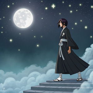 Digital illustration of Rukia Kuchiki, dressed in Soul Reaper uniform. Stands on a misty, moonlit platform. Dark sky filled with glowing stars