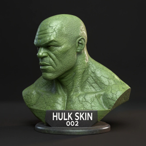 3D digital art piece featuring a detailed Hulk Skin 002 sculpture. Rough, textured surface evoking rugged material. Predominantly green with unique, uneven texture. Smooth rounded center. Black background with 'Hulk Skin 002' text in modern font.