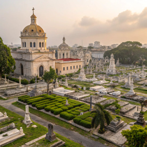 Cristobal Colon Cemetery, a sprawling complex filled with towering marble tombs and intricate mausoleums. Overgrown with moss and lush greenery, the cemetery exudes a quiet solemnity amidst the bustling city of Havana.