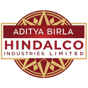 The Aditya Birla Group logo for Hindalco Industries Limited. The design features a bold, modern emblem in rich red and gold hues. At the center, a sleek geometric pattern stands out. The texts 'ADITYA BIRLA' and 'HINDALCO' are prominently displayed in a striking, bold font.