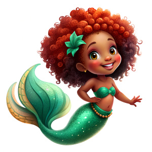 Afro little mermaid ariel, cartoon, high quality, cute image, transparent background 