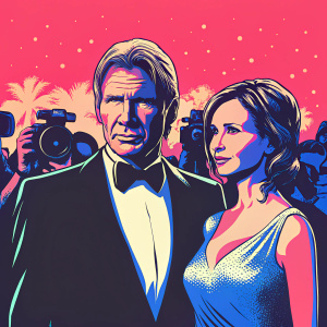 Harrison Ford and Calista Flockhart attending a Hollywood gala. Ford in a classic black tuxedo, Flockhart in a sparkling silver dress. Crowded event with flashing cameras.