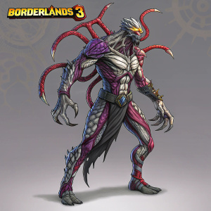 Digital art featuring Tyreen the Destroyer from Borderlands 3. Illustration is a detailed graphic showing a monstrous figure with numerous long, writhing arms and a body covered in various colors including purple, gray, and red veins. The game's logo is prominently displayed.
